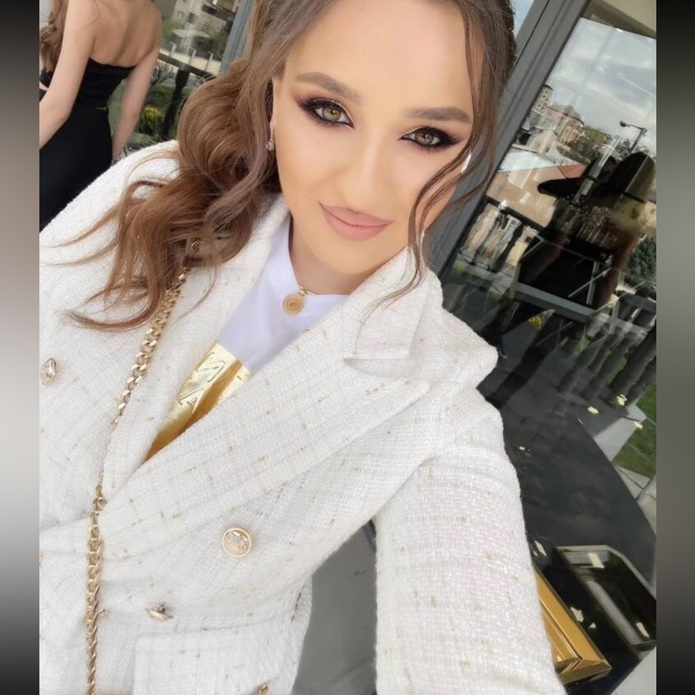 Classic Plaid Tweed Double Breasted White Blazer Jacket Long Sleeve - Picture 15 of 16